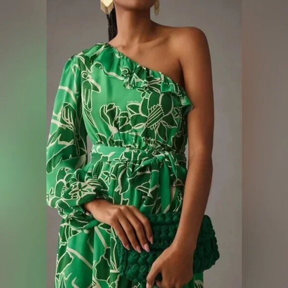 FARM Rio x Anthropologie Printed One-Shoulder Ruffle Dress l Size XXS Petite - Picture 5 of 6